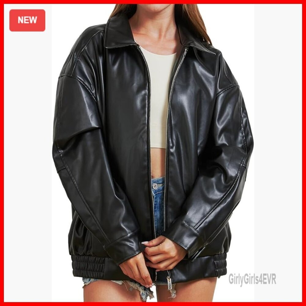 Oversized Faux Leather Jacket Women's Motorcycle Coat Fall Winter